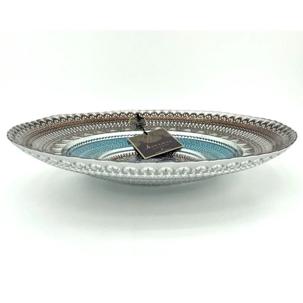 Turkish Glass Round Bowl Dinner Blue Silver Brown Lace Print 13.5
